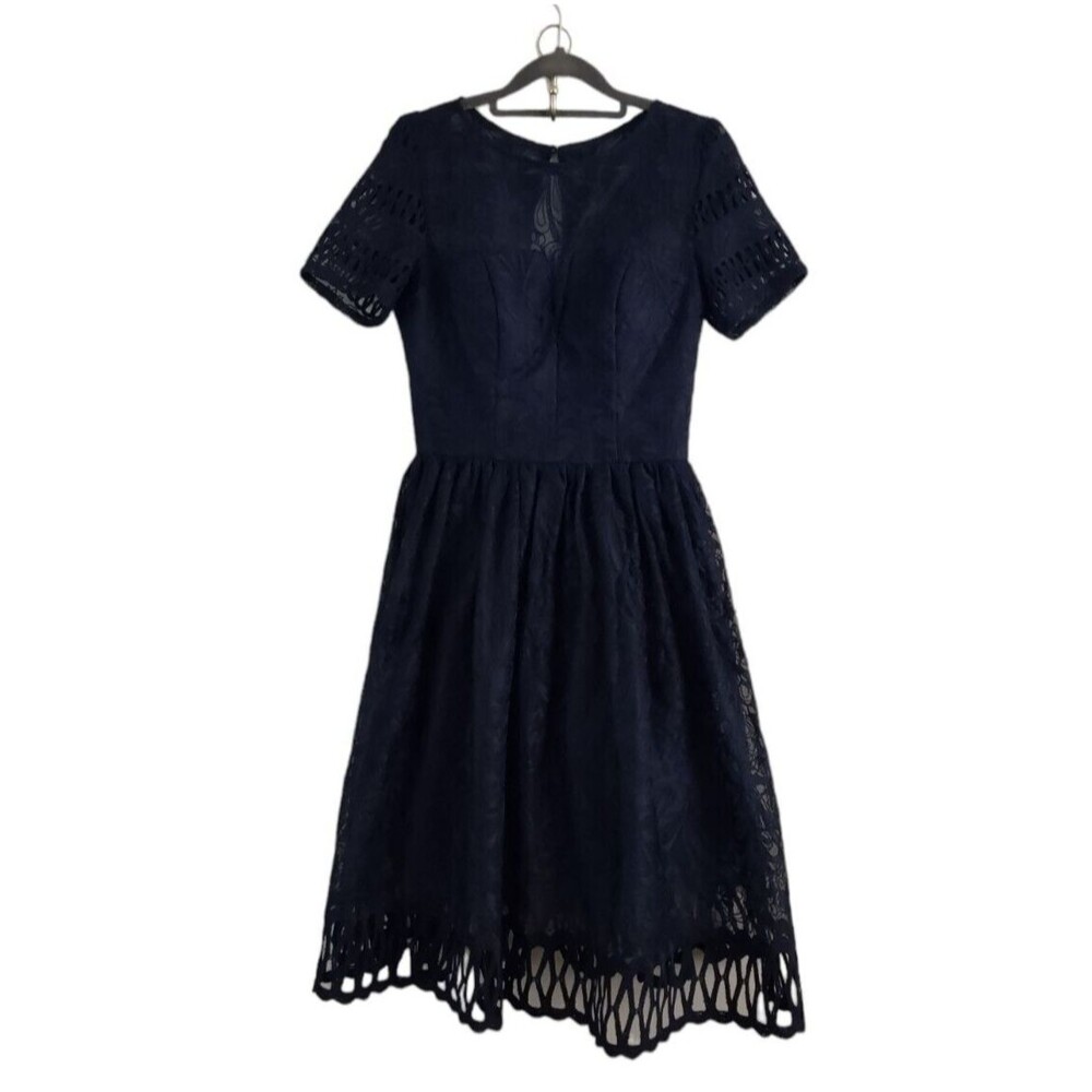 Chi Chi London Sheridan Dress Womens 4 Navy Blue Fit & Flare Lace Short Sleeve